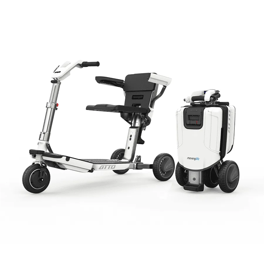S550 Atto Mini scooter, ön ve arka gövdesi iki parçaya ayrılmış hâli, beyaz ve siyah, yandan