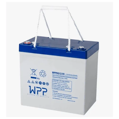 WPP 55 Amper tekerlekli sandalye aküsü, ip taşıma saplı mavi kapak, 12V 55Ah etiketi, önden