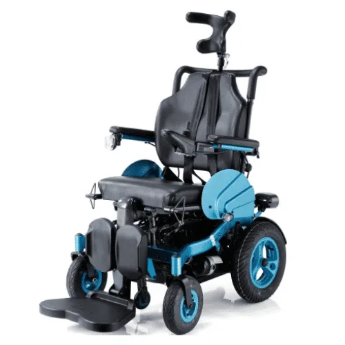 Comfort Hero Angel LY-ESB240 ayağa kaldıran akülü tekerlekli sandalye, oturur konumda, mavi jantlar