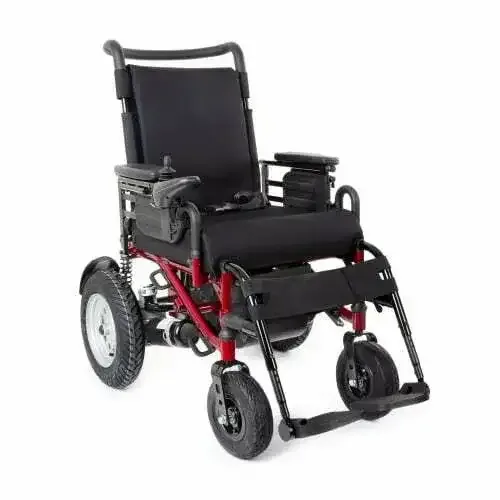 Comfort LY-EB206 Climber akülü tekerlekli sandalye, siyah oturak, kırmızı şasi, önden çapraz açıdan