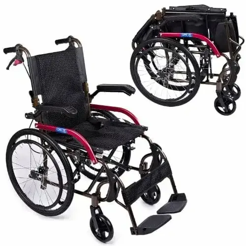Comfort Plus GK-863 tekerlekli sandalye, siyah file döşeme ve kırmızı şasi, açık ve katlanmış hâli