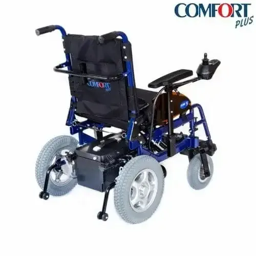 Comfort Plus Allure akülü sandalye, mavi şasi, arkadan çapraz açı ve joystick kumanda