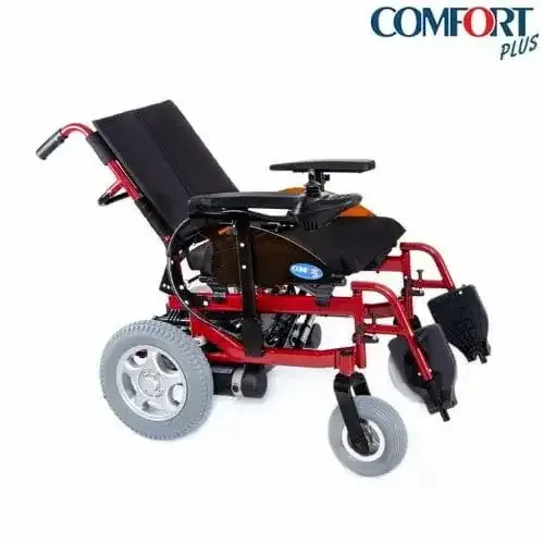Comfort Plus Allure akülü sandalye, kırmızı şasi, sırtlık geriye yatırılmış, yandan çapraz açı
