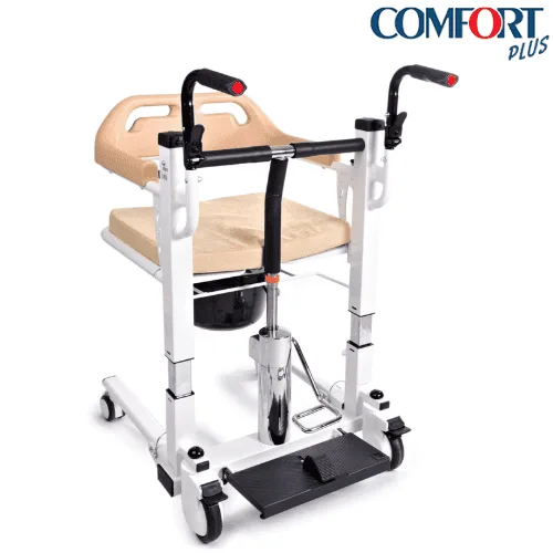 Comfort Plus DM-160 transfer lifti, arkadan çapraz açı, ayak pompa pedalı ve bej oturak