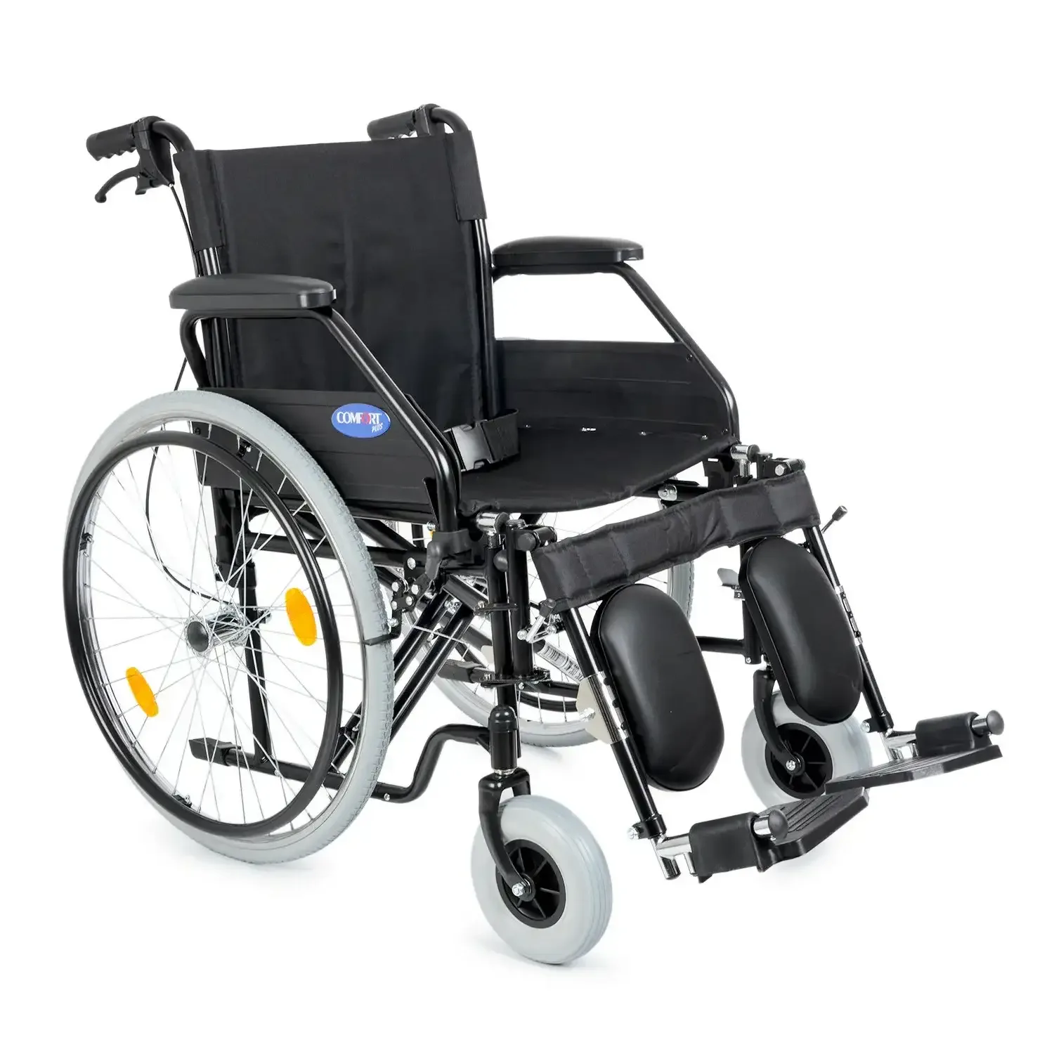 Comfort Plus DM-303 manuel tekerlekli sandalye, siyah oturak ve şasi, baldır pedli ayak dayamaları