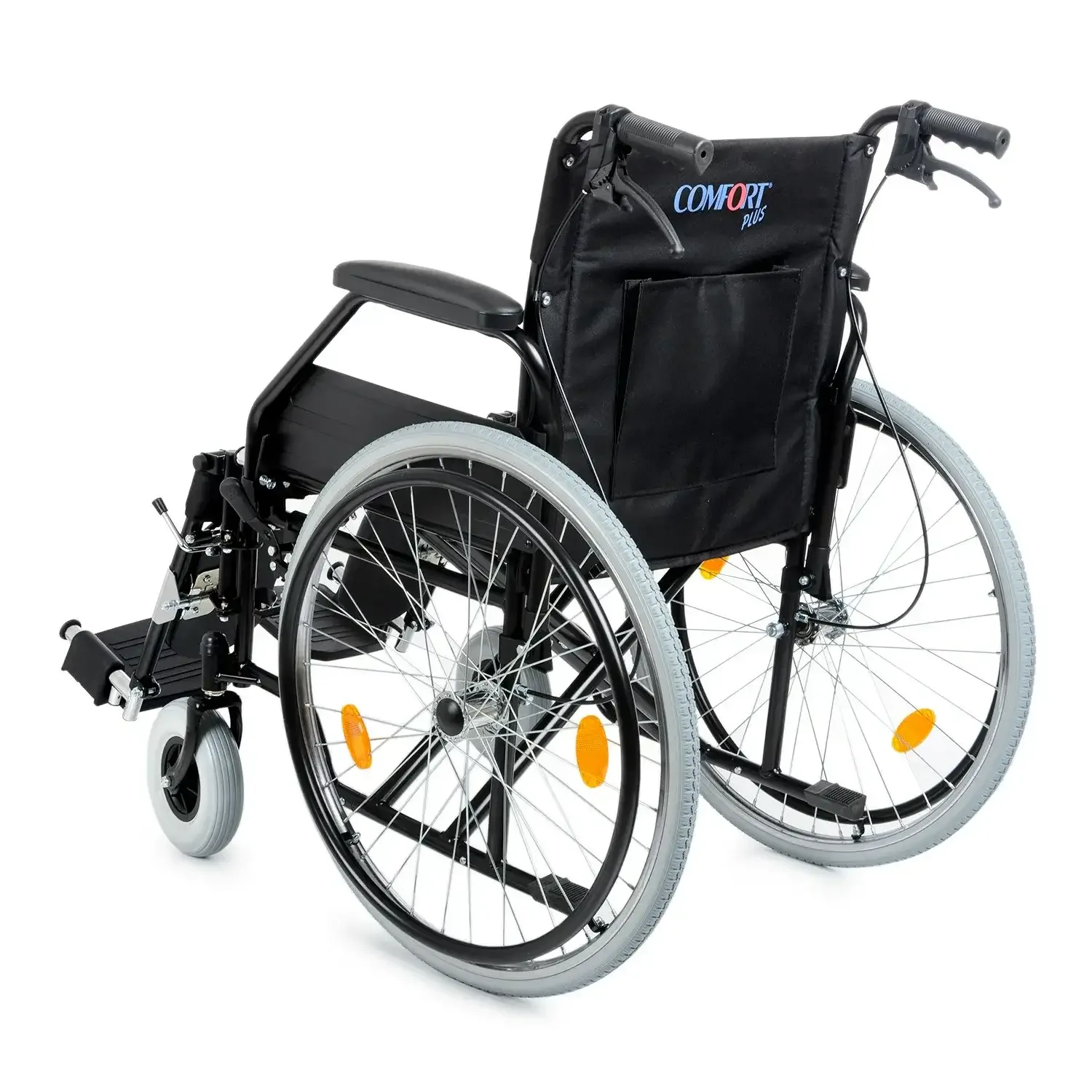 Comfort Plus DM-303 manuel tekerlekli sandalye, arkadan çapraz açıdan, sırtlık cebi