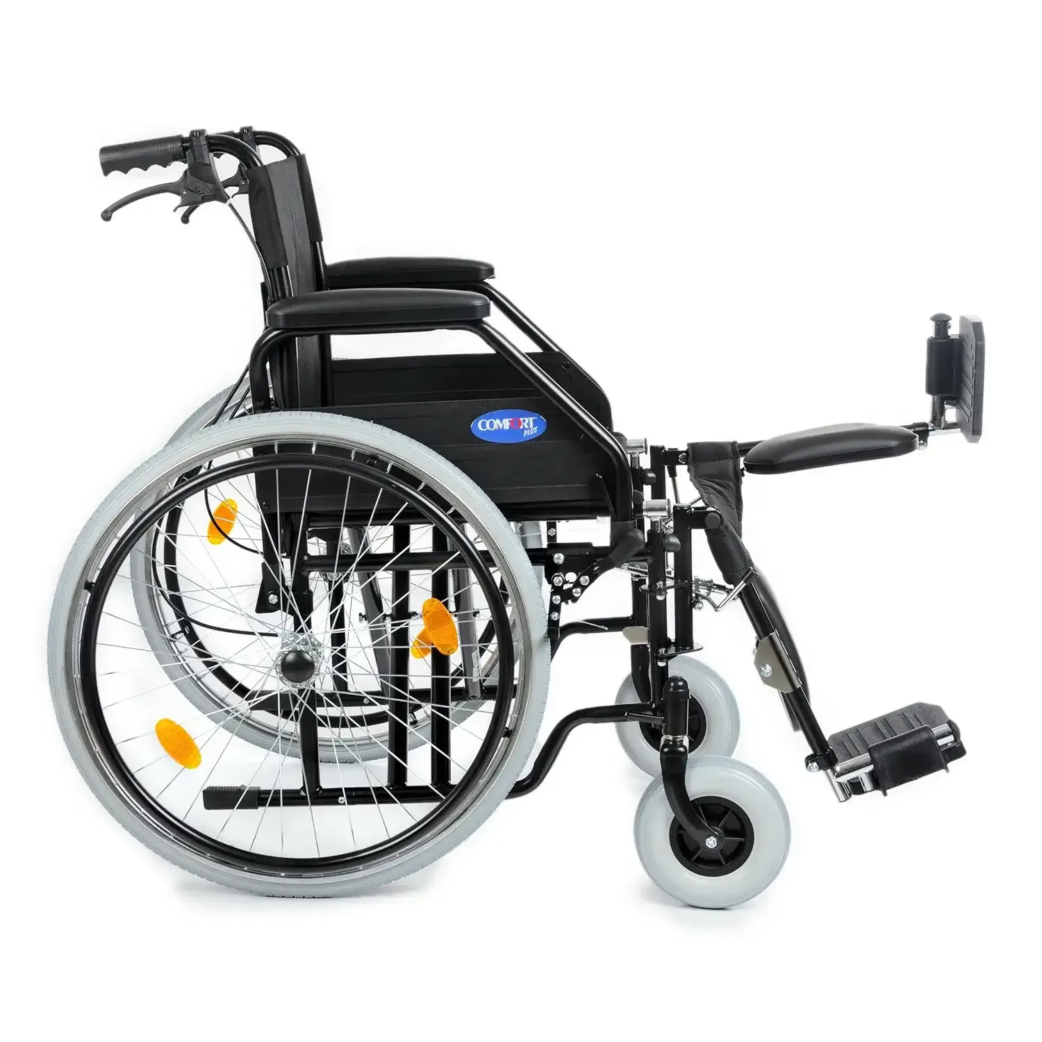 Comfort Plus DM-303 manuel tekerlekli sandalye, ayak dayaması yarı kaldırılmış, yandan