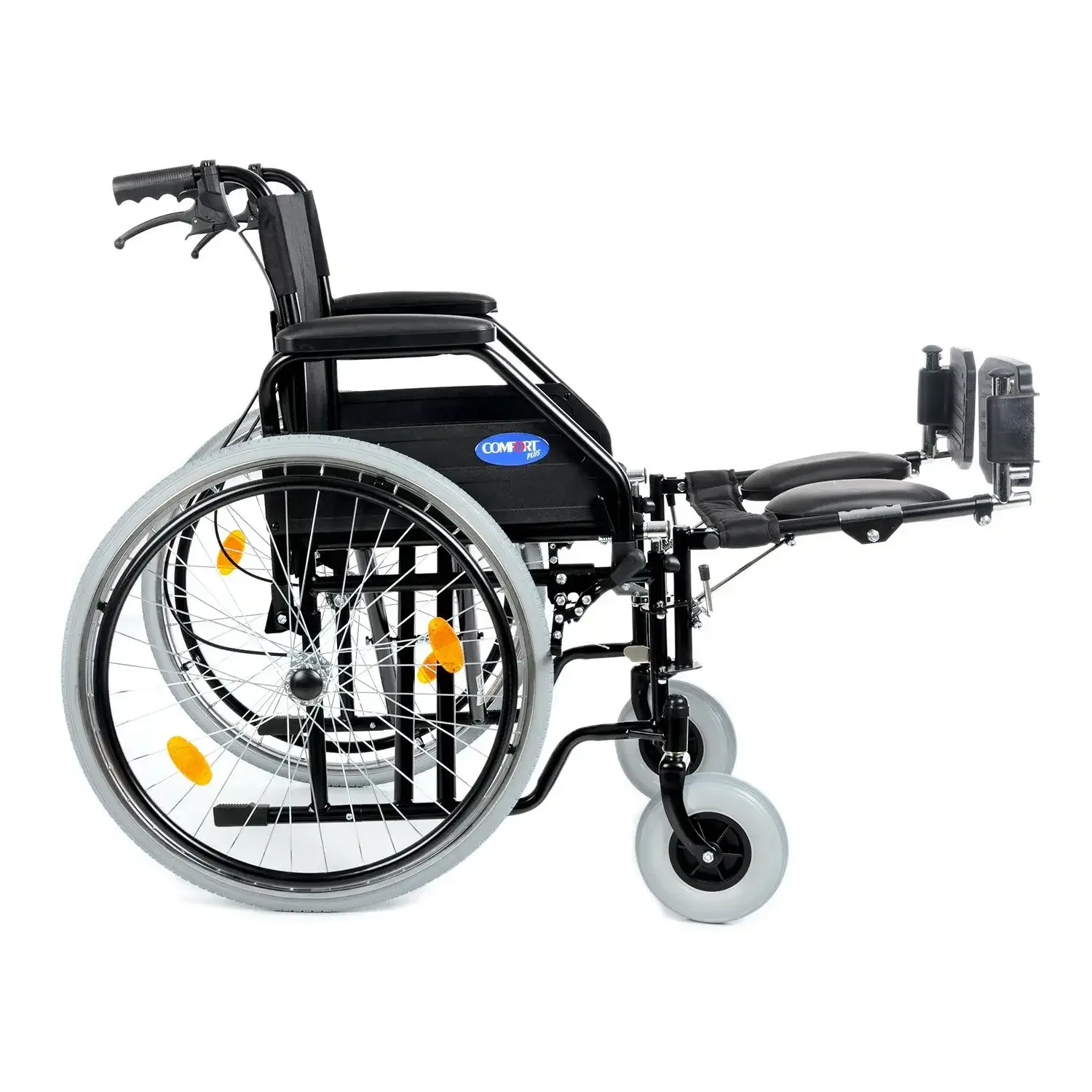 Comfort Plus DM-303 manuel tekerlekli sandalye, ayak dayaması yatay konuma kaldırılmış, yandan