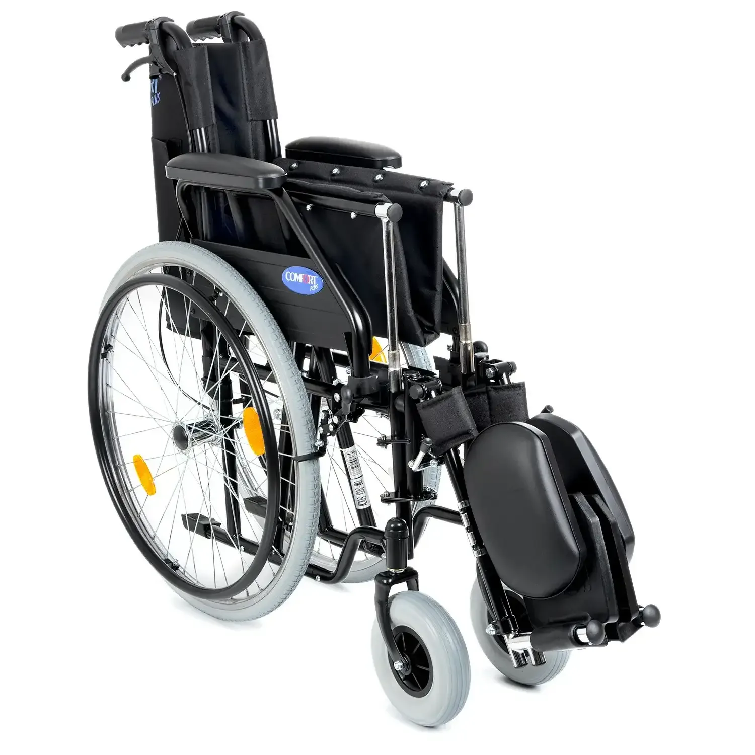 Comfort Plus DM-303 manuel tekerlekli sandalye, sırtlık katlanmış, baldır pedli ayak dayaması, çapraz açıdan