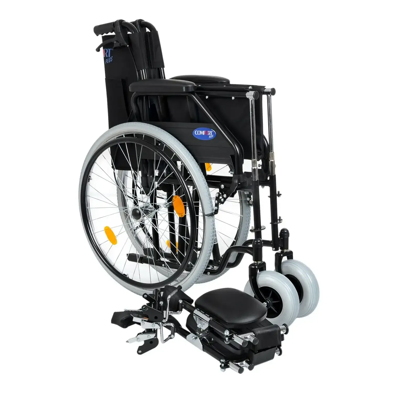 Comfort Plus DM-303 manuel tekerlekli sandalye, katlanmış hâli, önünde sökülmüş ayak dayamaları