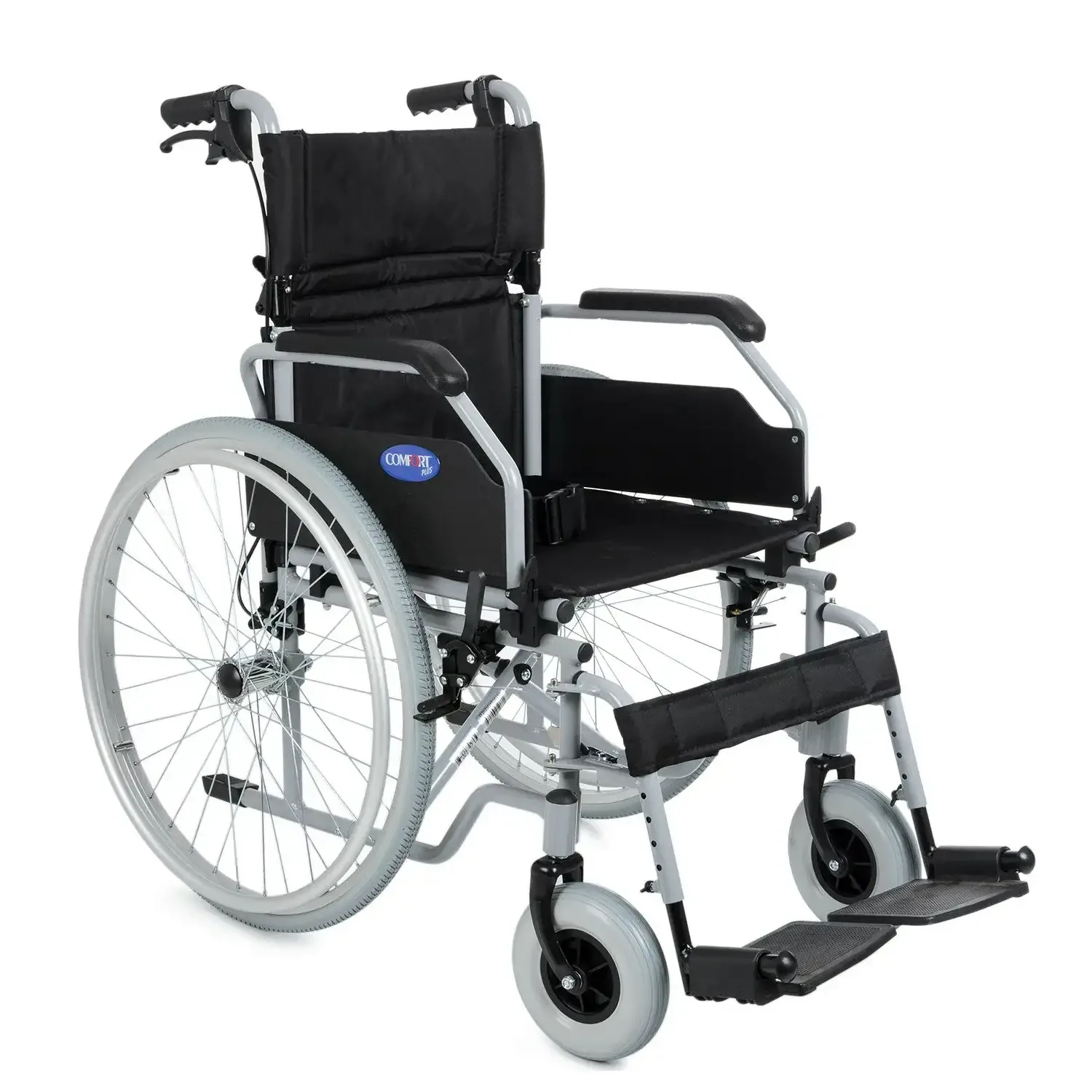 Comfort Plus DM-321 manuel tekerlekli sandalye, siyah oturak, gri şasi, önden çapraz açıdan
