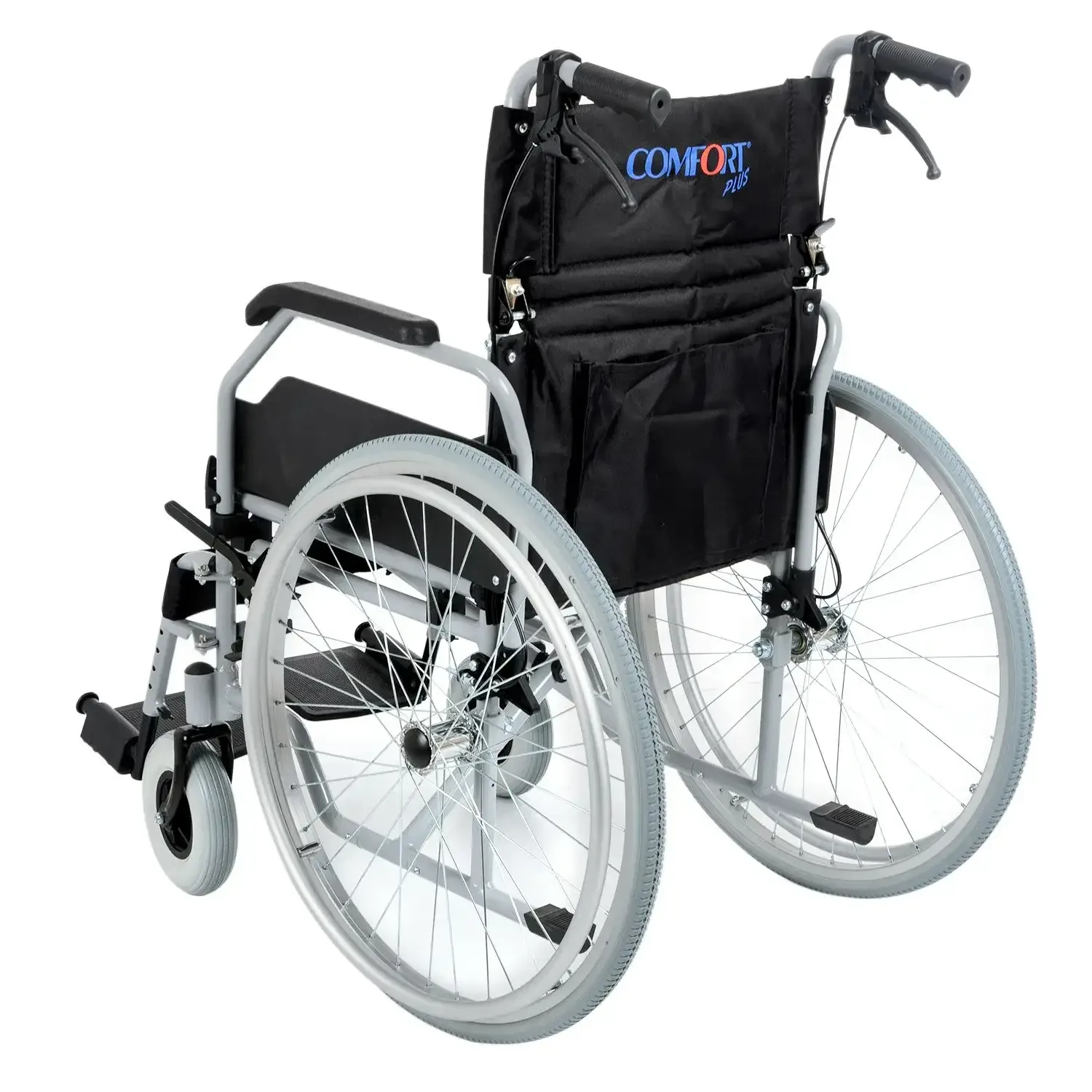 Comfort Plus DM-321 manuel tekerlekli sandalye, arkadan çapraz açıdan, sırtlık arkasında cep