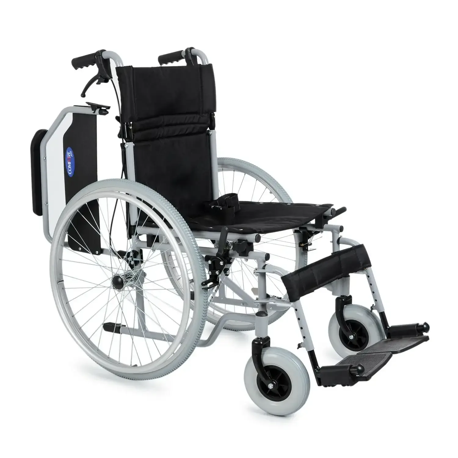 Comfort Plus DM-321 manuel tekerlekli sandalye, kolçak kaldırılmış, önden çapraz açıdan