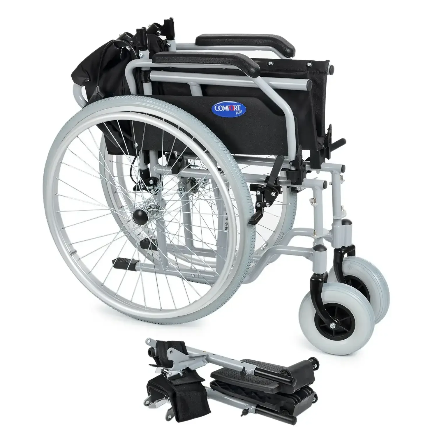Comfort Plus DM-321 manuel tekerlekli sandalye, katlanmış hâli, önünde sökülmüş ayak dayamaları