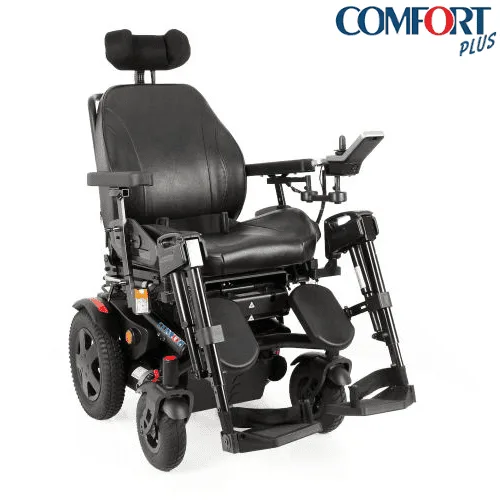 Comfort Plus DM-450 King akülü tekerlekli sandalye, siyah koltuk ve kafalık, kırmızı şasi detayları