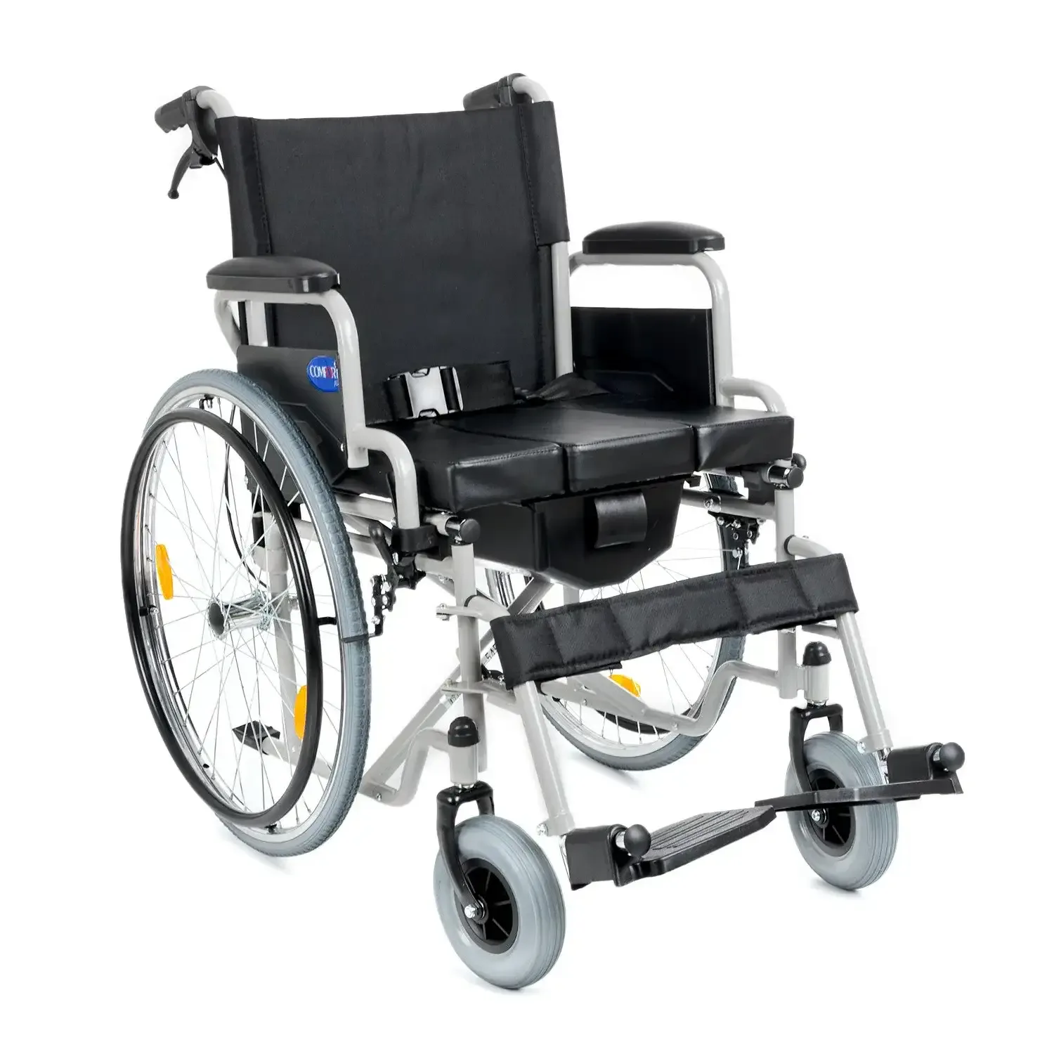 Comfort Plus DM-550 tuvalet özellikli tekerlekli sandalye, siyah oturak, gri şasi, sağ çapraz açıdan