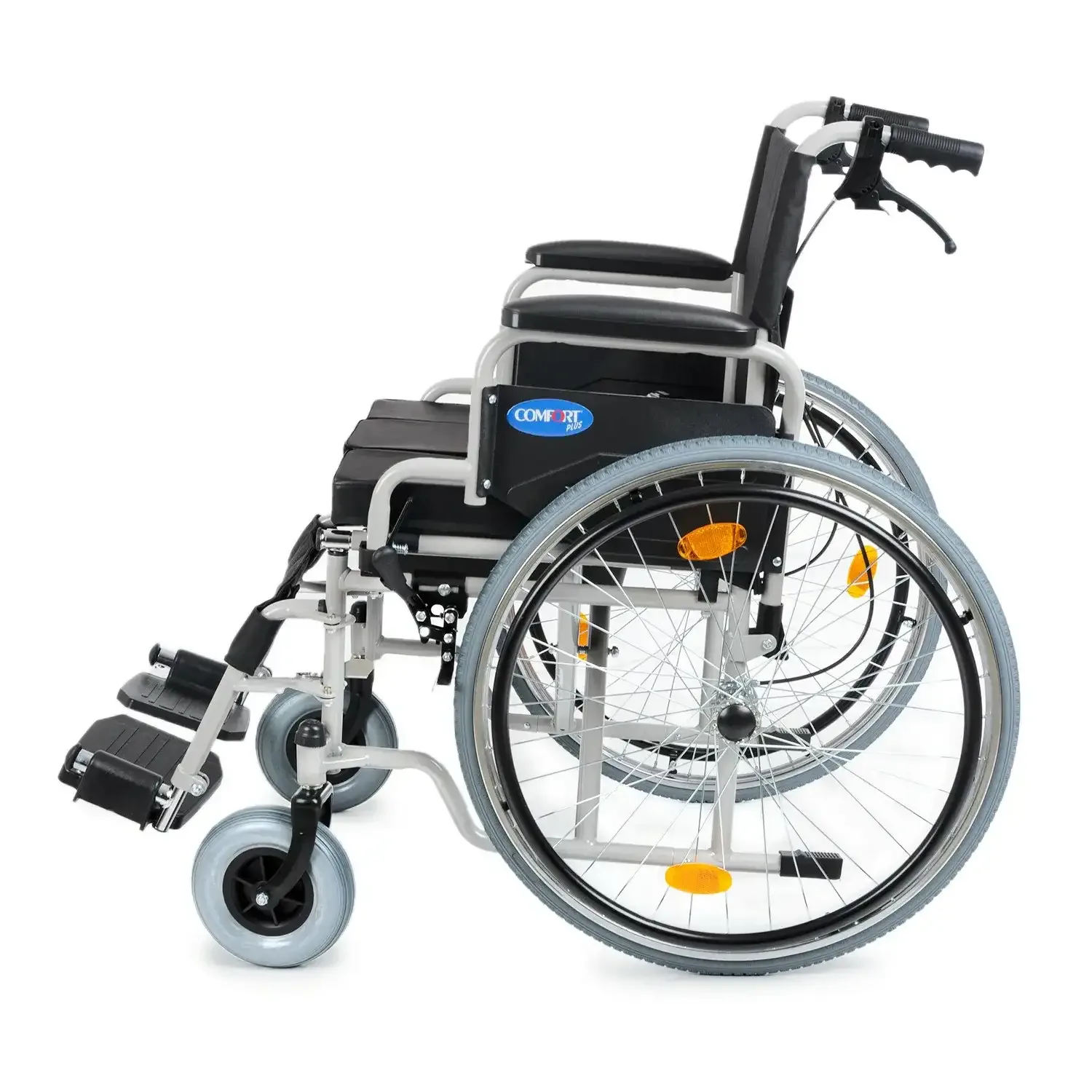 Comfort Plus DM-550 tuvalet özellikli tekerlekli sandalye, yandan, turuncu reflektörlü arka teker