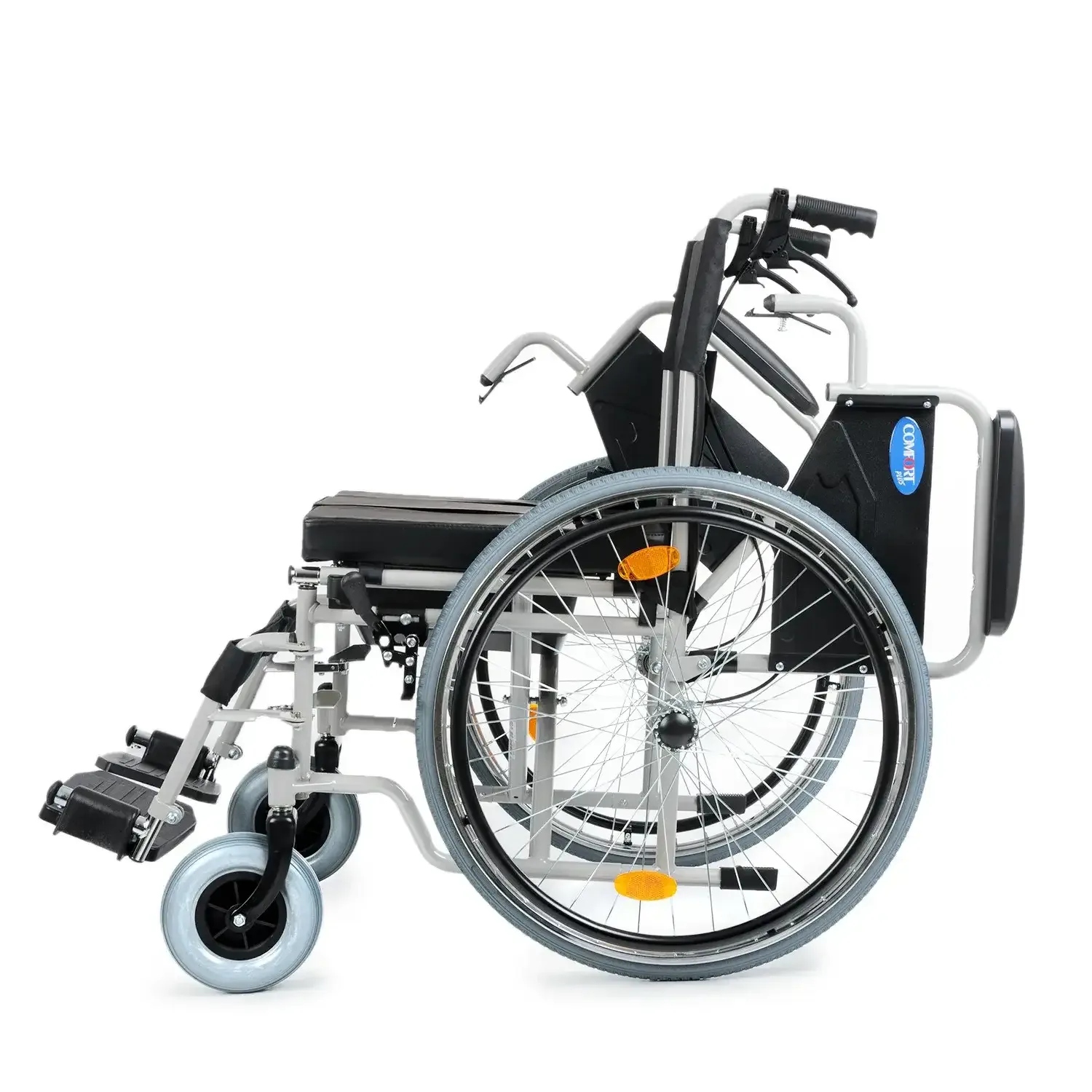 Comfort Plus DM-550 tuvalet özellikli tekerlekli sandalye, kolçak yukarı kaldırılmış, yandan