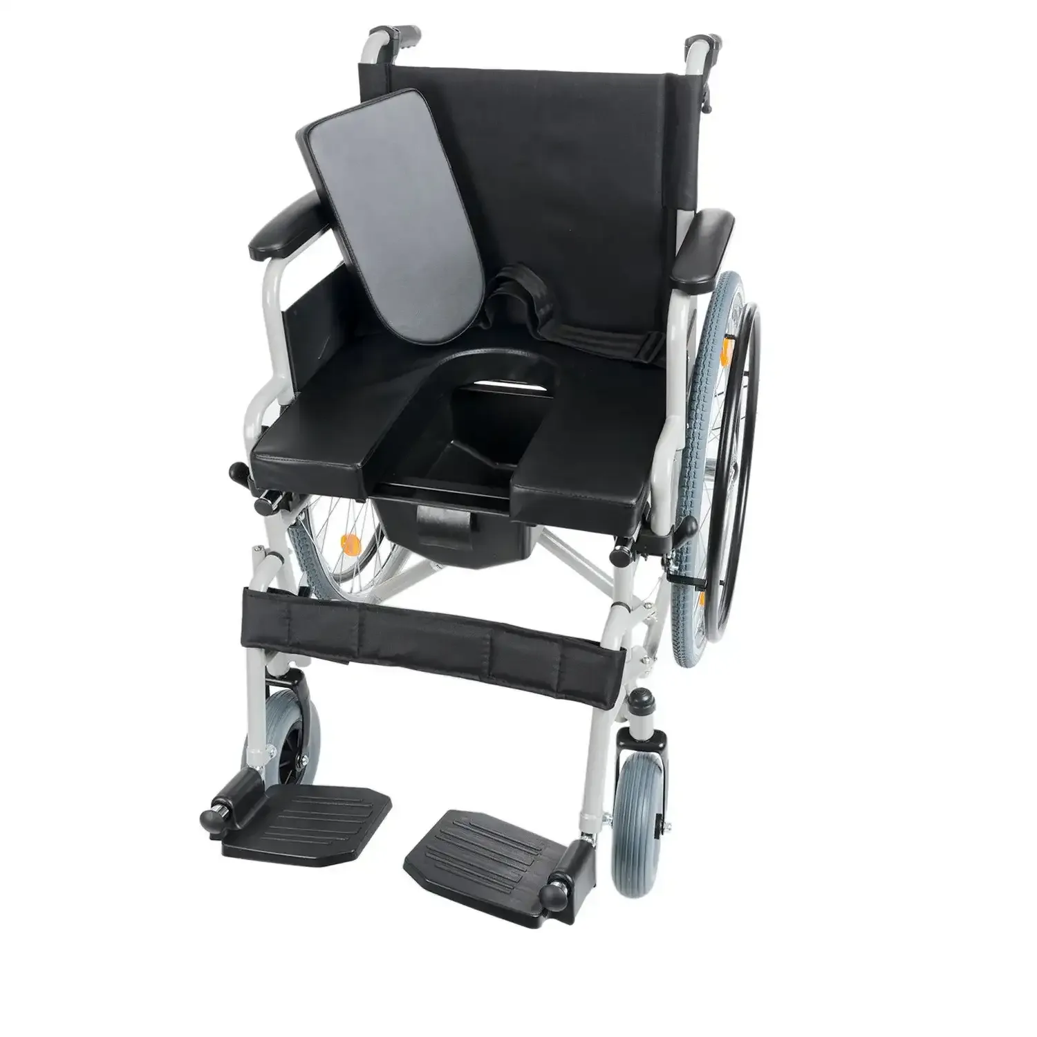 Comfort Plus DM-550 tuvalet özellikli tekerlekli sandalye, oturak kapağı açık, klozet açıklığı, önden