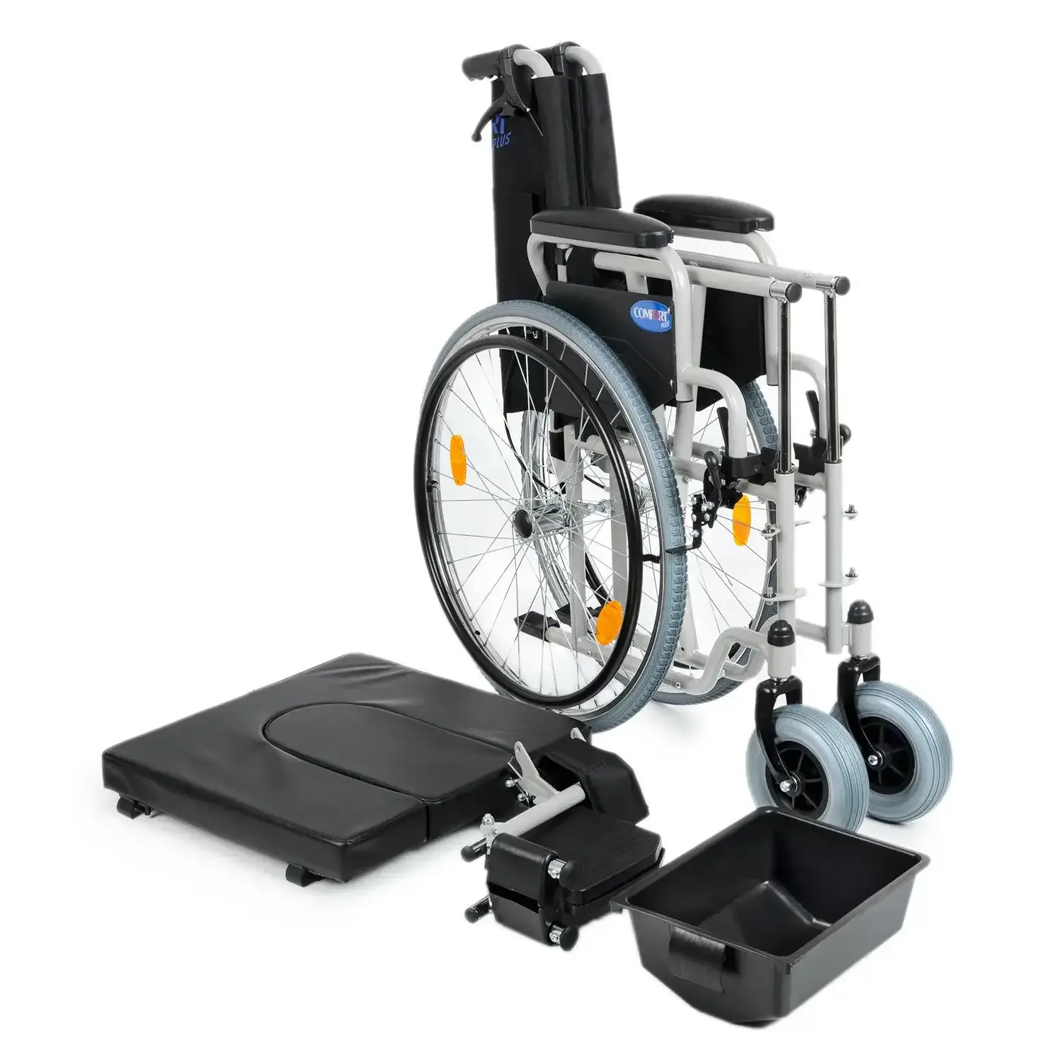 Comfort Plus DM-550 tuvalet özellikli tekerlekli sandalye, katlanmış, yanında oturak, ayak dayaması ve lazımlık kabı