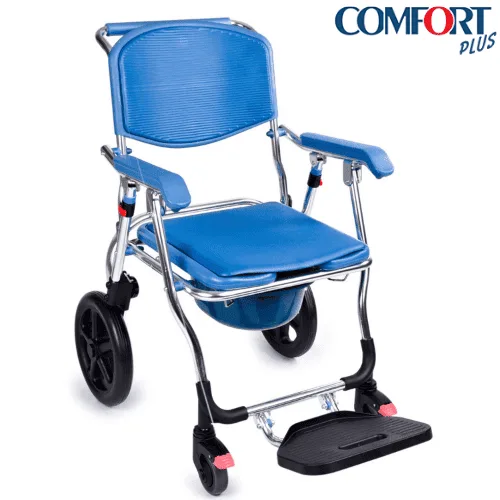 Comfort Plus DM-70 banyo ve tuvalet tekerlekli sandalye, mavi oturak ve krom şasi, çapraz açıdan