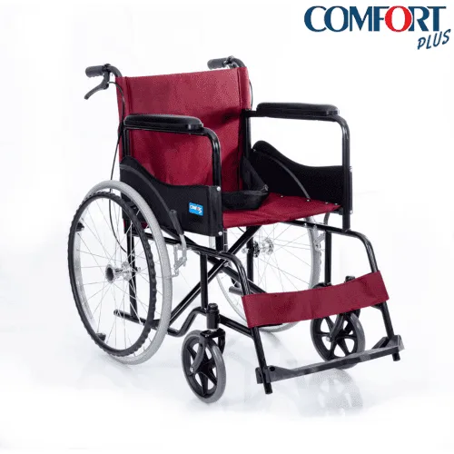 Comfort Plus DM-809E standart tekerlekli sandalye, bordo döşeme ve siyah şasi, çapraz açıdan
