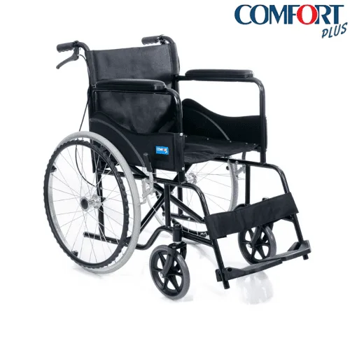 Comfort Plus DM-809E standart tekerlekli sandalye, siyah döşeme seçeneği, çapraz açıdan