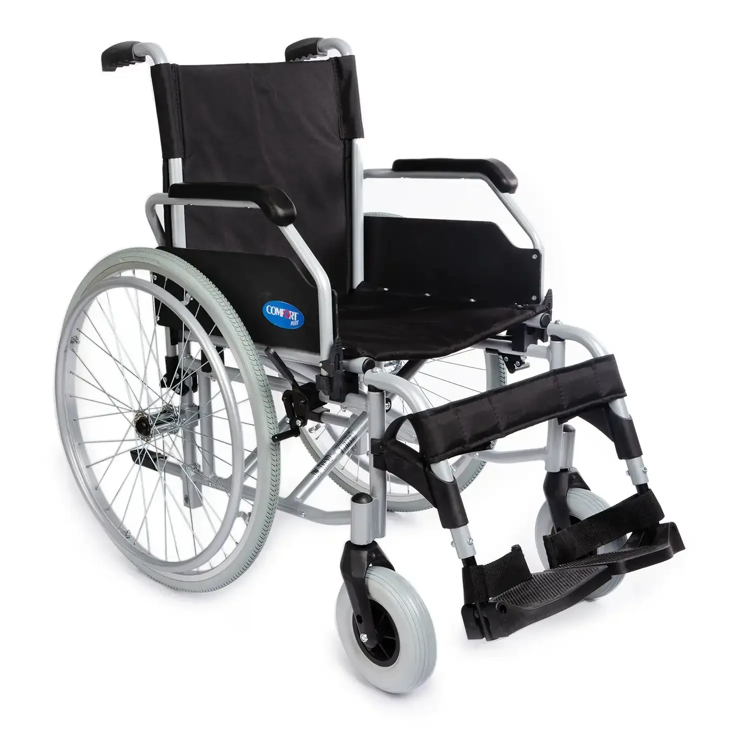 Comfort Plus DM-Trend manuel tekerlekli sandalye, siyah oturak, gri şasi, önden çapraz açıdan