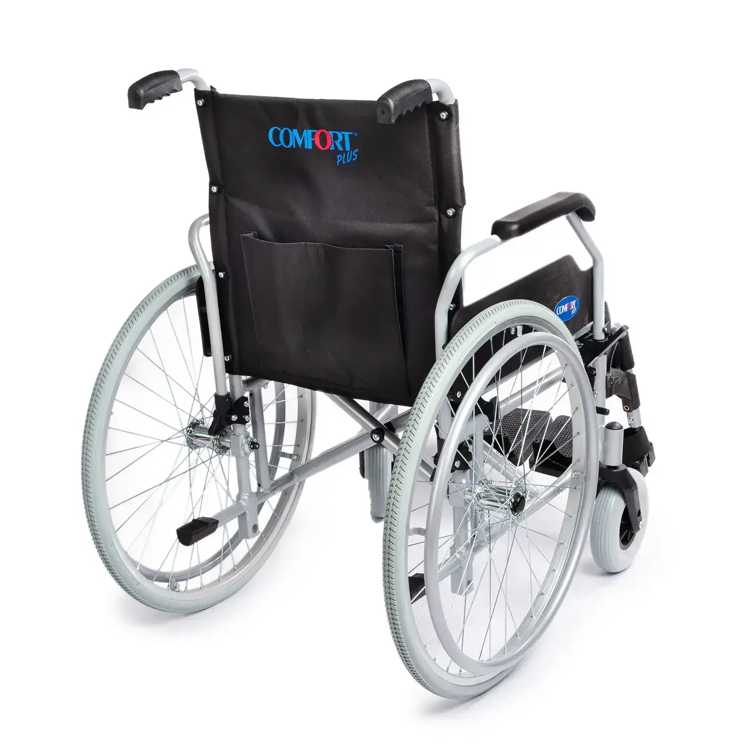 Comfort Plus DM-Trend manuel tekerlekli sandalye, arkadan çapraz açıdan, sırtlık cebi