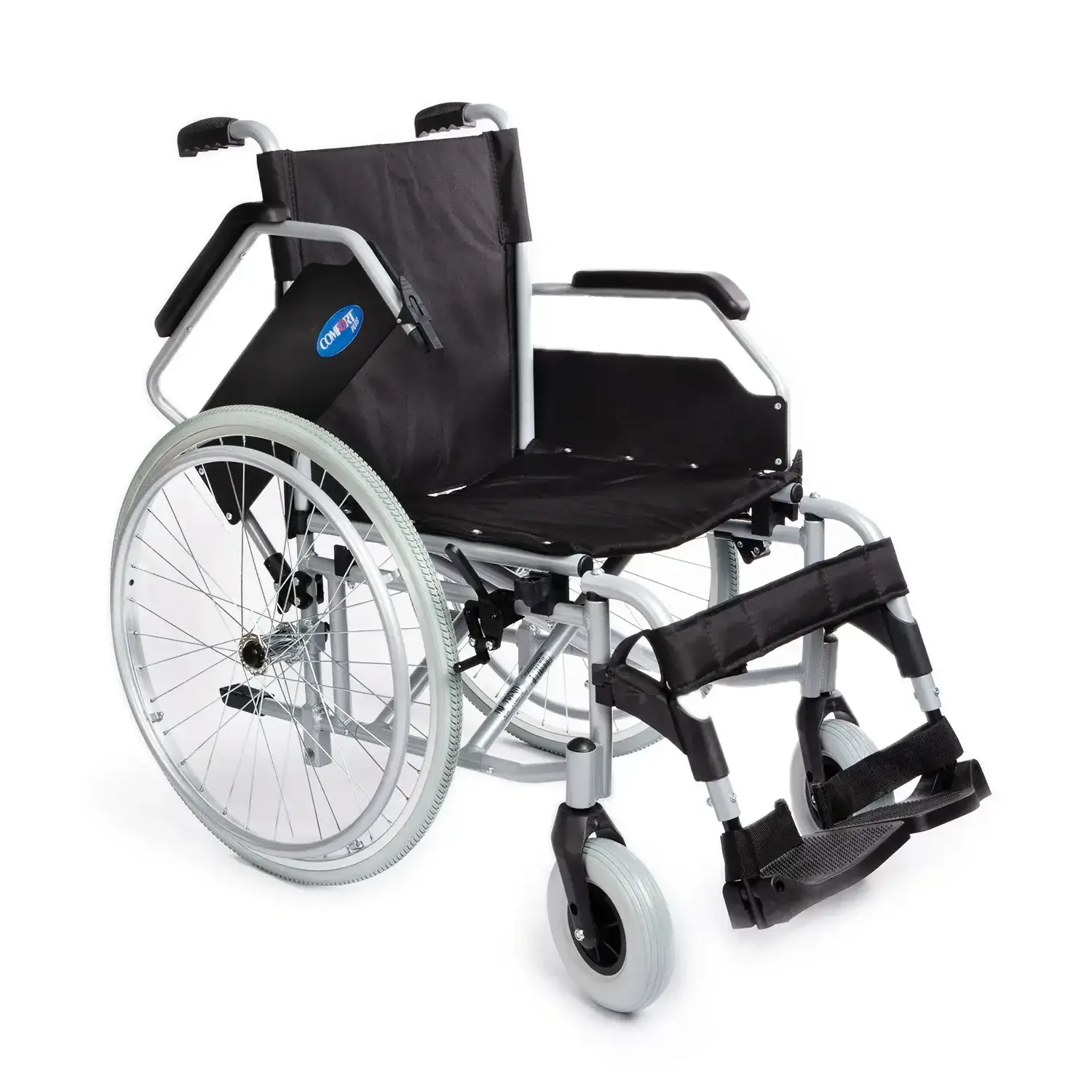 Comfort Plus DM-Trend manuel tekerlekli sandalye, üstten çapraz açıdan, kolçaklar ve ayak dayamaları