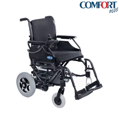 Comfort Plus Escape LX akülü tekerlekli sandalye, siyah şasi ve döşeme, çapraz açıdan önden