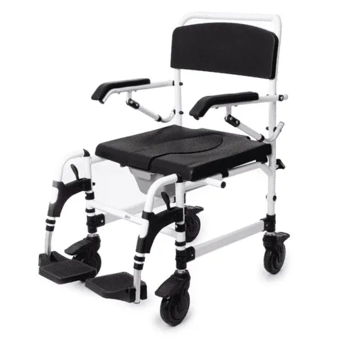 Comfort Plus KY-604 hasta tuvalet banyo sandalyesi, beyaz şasi, siyah klozet oturağı, çapraz açıdan