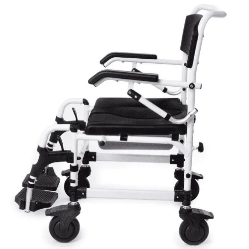 Comfort Plus KY-604 hasta tuvalet banyo sandalyesi, yandan, beyaz şasi ve siyah kolçaklar