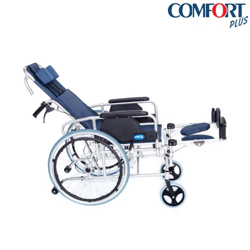 Comfort Plus KY954 tekerlekli sandalye, sırtlık yatırılmış ve ayak dayamaları kaldırılmış, yandan