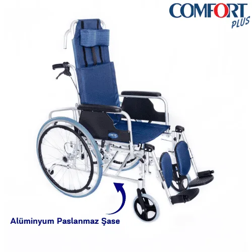 Comfort Plus KY954 tekerlekli sandalye, lacivert döşeme ve başlık, alüminyum paslanmaz şase notu