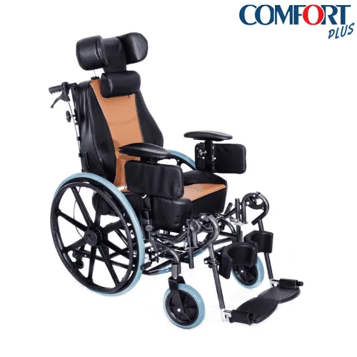 Comfort Plus KY959 tilt özellikli tekerlekli sandalye, siyah ve taba döşeme, çapraz açıdan önden