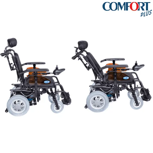 Comfort Plus Sahara akülü sandalye, iki farklı sırt yatış konumunda yandan