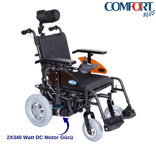 Comfort Plus Sahara akülü sandalye, başlıklı siyah koltuk, 2x340 Watt DC motor gücü notuyla