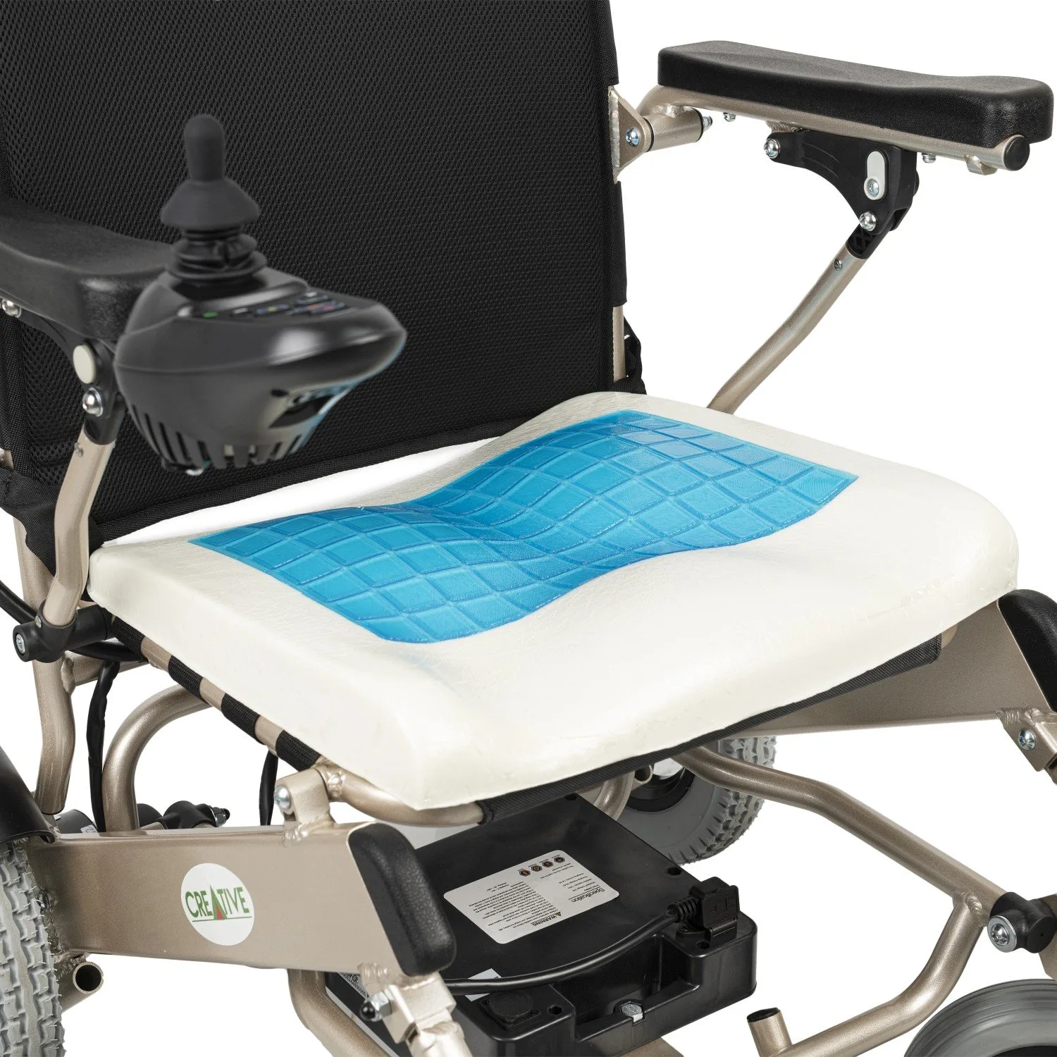 Creative CR-6012 Large akülü sandalye, mavi jel katmanlı oturak minderi ve joystick yakın çekimi