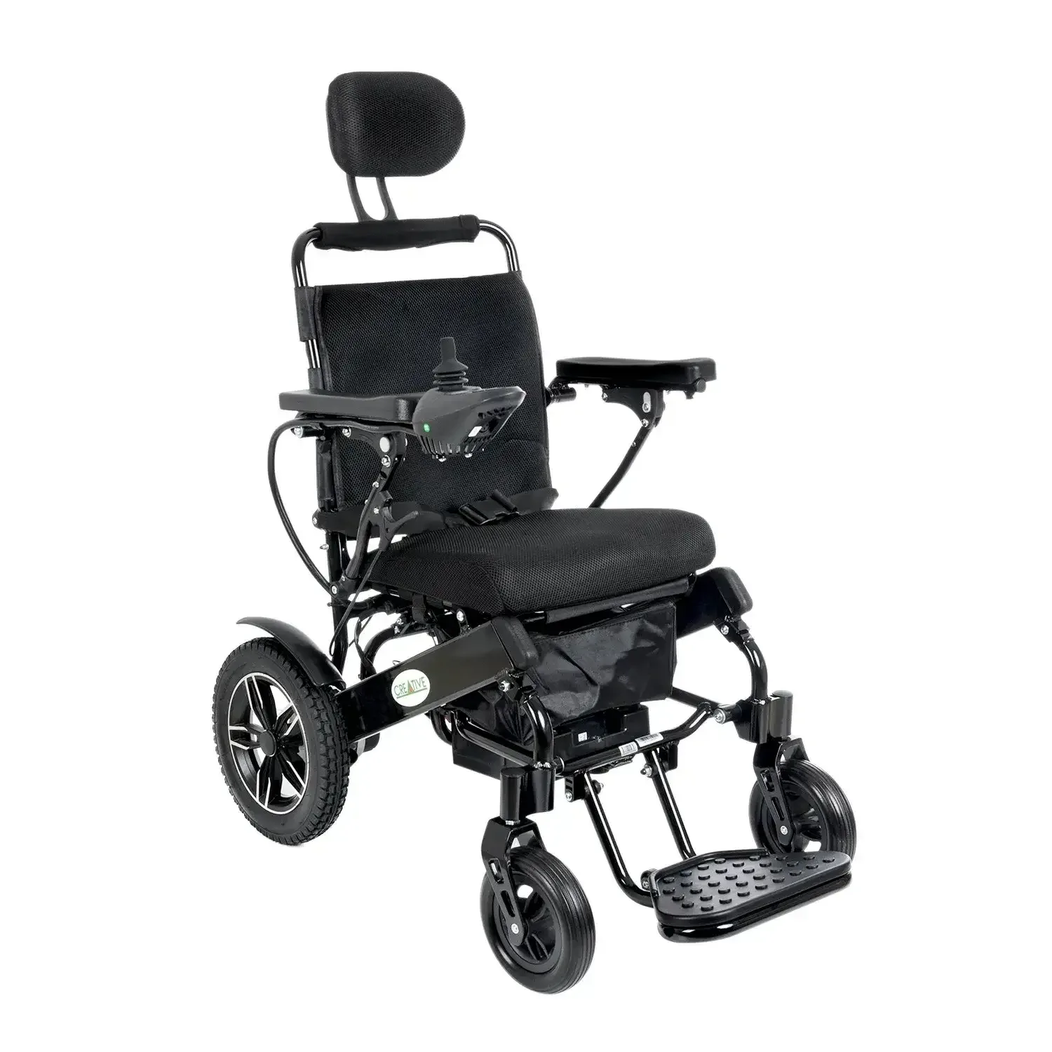 Creative CR-6012 Lüx sırt yatar akülü tekerlekli sandalye, siyah oturak ve kafalık, önden çapraz açıdan