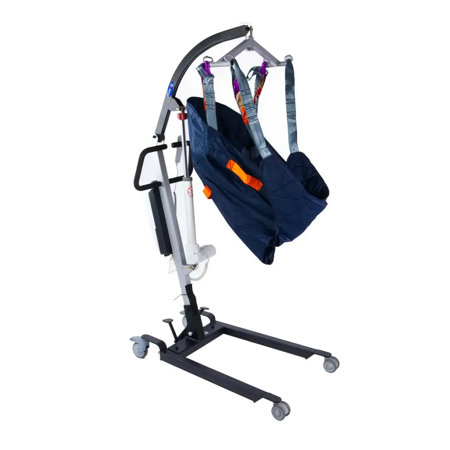 Comfort Plus DM-190 compact hasta transfer lifti, lacivert askı filesi takılı, önden çapraz açıdan