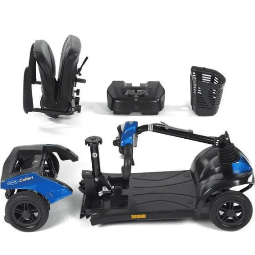 Invacare Colibri 4 tekerlekli mini scooter, parçalarına ayrılmış hâli: koltuk, akü, sepet ve gövde