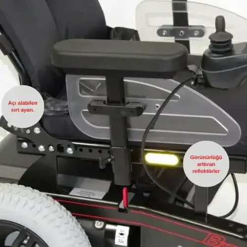 Ottobock B400 akülü sandalye kolçak yakın çekimi, açı ayarlı sırtlık ve görünürlük reflektörü detayları