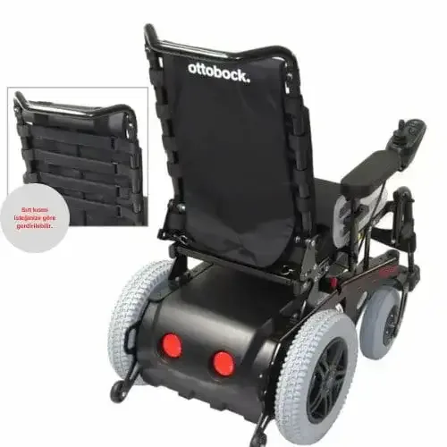Ottobock B400 akülü sandalye, arkadan çapraz açı, ayarlanabilir sırt kayışları ve kırmızı arka reflektörler