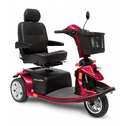 Pride Luna Victory scooter, kırmızı gövde, siyah koltuk ve ön sepet, sol yandan