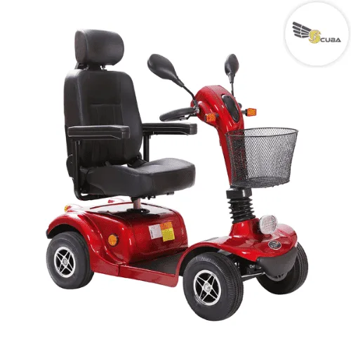 S350 Engelli Scooter, kırmızı gövde, siyah koltuk ve ön sepet, çapraz açıdan