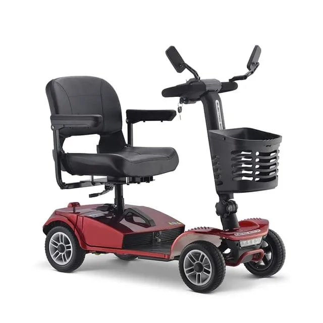 Soliden Mini engelli scooter, kırmızı gövde, ön sepet ve siyah koltuk, önden çapraz açıdan