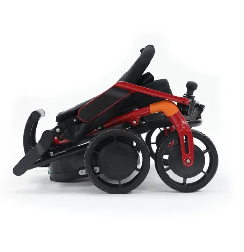 S480 Smart akülü sandalye, kırmızı şasi, katlanmış hâli yandan