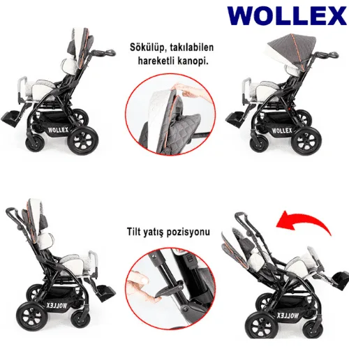 Wollex 8001-16 TRIO CP puset, sökülebilir kanopi ve tilt yatış pozisyonu gösterimi