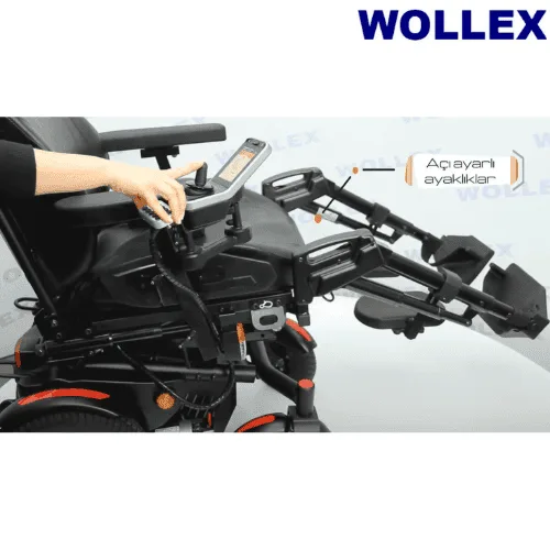 Wollex D500 akülü sandalye, açı ayarlı ayaklıklar ve joystick kumanda yakın çekimi